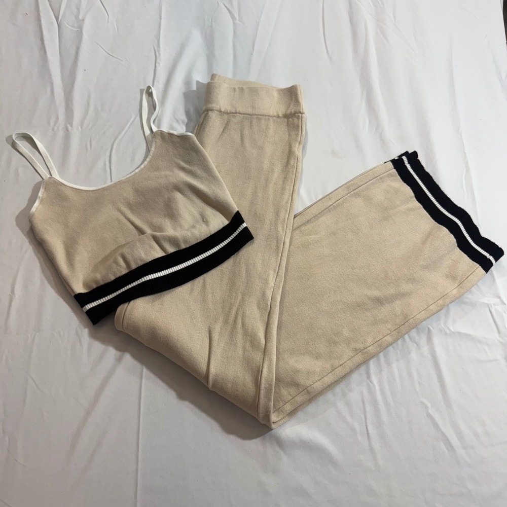 House of Harlow 1960 Knit 2 Piece Set Tan Beige Wide Leg Pants Crop Top Small